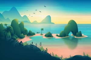 热带海洋日出风景 简约设计3440x1440带鱼屏壁纸