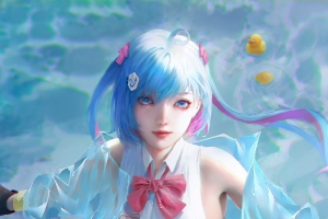 海滩 海水 女孩 蓝色头发 动漫 4k手机壁纸