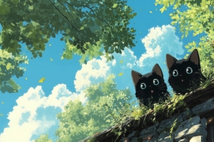 绿色树荫 屋顶 两只小猫 3440x1440带鱼屏壁纸