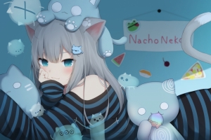 可爱女孩子 蓝色眼睛 猫耳 兽耳 猫 尾巴 毛绒玩具4k动漫壁纸