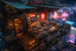 迷幻赛博朋克城市高层空中露台4K超清壁纸3840x2160免费下载