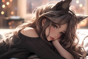 猫耳朵动漫女孩 一手托腮 3200x2000电脑壁纸全屏