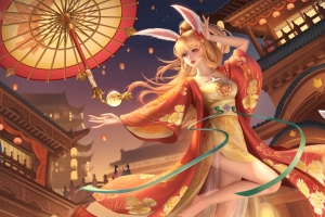 女孩 兔耳朵 红色衣服 伞 孔明灯 灯笼 高清 平板壁纸
