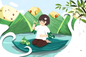 端午节手绘人物树叶粽子河流荷花