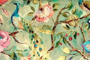 手绘插画绿色孔雀