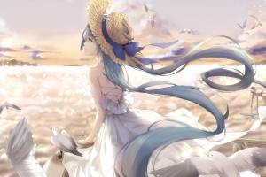 女孩子 初音 阳台 鸟儿 4k动漫壁纸