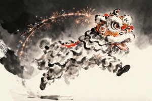 2026舞狮 新年 烟花 水墨风4k壁纸