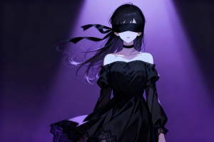 蒙眼动漫女孩 黑色裙子 紫色光影4k壁纸