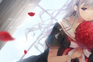 红色百合花 女孩相爱 唯美好看3440x1440动漫壁纸