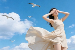 蓝天白云 鸟儿 阳光美女 双手蒙眼 4k壁纸