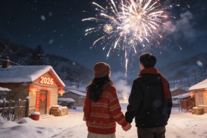 2026新年 夜晚 雪景 乡村 情侣牵手看烟花 4k壁纸