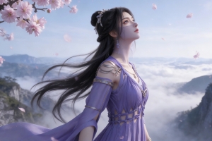 长发紫色裙子美女紫灵 樱花 4K壁纸