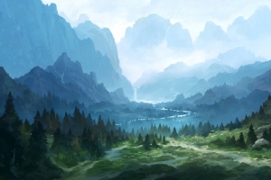 山 瀑布 小路 风景绘画4k高清壁纸3840x2160