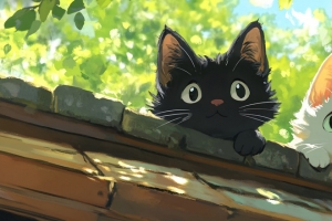 墙头双猫 树荫 治愈系场景 绘画 3440x1440带鱼屏壁纸