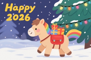2026新年快乐 可爱小马 马上有礼物 雪 树 4K壁纸