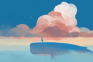 鲸鱼动漫天空云朵蓝色背景