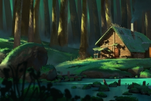 森林 树木 小河流 阳光 小屋 草地 石头 苔藓 4k风景壁纸