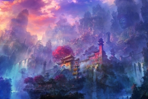 紫色背景少林寺图