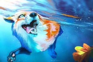 3840x2160 狐狸 舌头突出 水 水下 游泳 艺术壁纸 背景