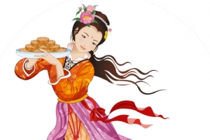 端月饼的仕女中国画中秋