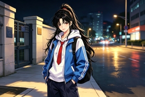 街道夜景马尾辫女孩 4K动漫壁纸免费下载