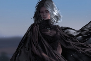 厚涂画风 少女 闭眼 黑色纱裙子 唯美4k动漫美女壁纸