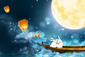 中秋节玉兔卡通梦幻蓝色banner