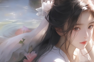 水中的古风美女 花 3440x1440带鱼屏壁纸