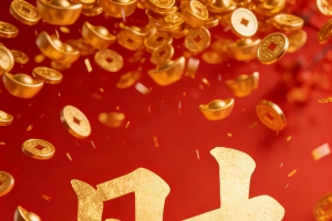 可爱财神金元宝钱雨金色财字红色喜庆背景4K竖屏手机壁纸高清免费下载2160x3840