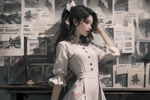 黑白风报纸墙女 裙子 3200x2000电脑壁纸高清全屏