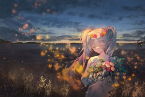 晚上 女孩 花 蝴蝶 唯美 4k动漫壁纸