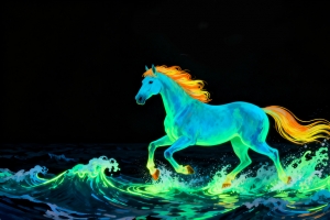 2026马年 晚上 荧光色 海边奔跑的骏马4k壁纸