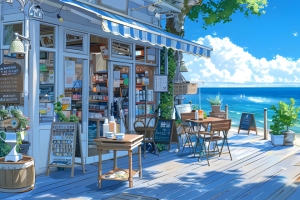 海边小店风景3440x1440带鱼屏壁纸