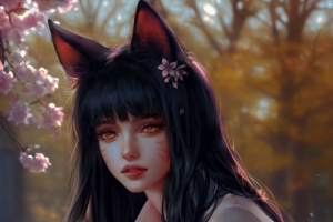 阿狸 厚涂画 兽耳 长发 白色衣服 花 树林 平板 电脑 高清 壁纸