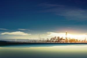 朝阳照耀的都市广告背景