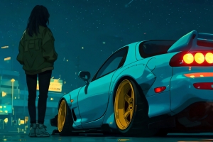 夜下少女与跑车高清壁纸 3846x2160 平板笔记本便携设备免费下载