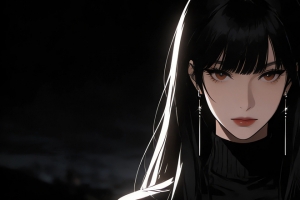 高冷黑色长发美女动漫壁纸 4K高清3440x1440带鱼屏黑色背景免费下载