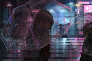 女孩 雨伞 动漫 雨 街道 夜 4k壁纸 3840x2160