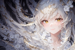 动漫女孩，黄眼睛，花朵，白色服装，唯美好看5k壁纸