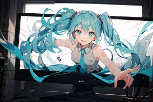 初音未来从电脑屏幕里出来4K电脑壁纸