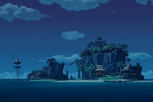 夜晚 夜景 云 小岛 棕榈树 大海 海滩 星星 插图风景4k壁纸