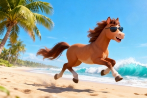 酷马在海边沙滩快乐的奔跑4k壁纸