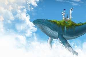 卡通天空鲸鱼创意海报背景