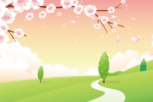 樱花绿树卡通背景素材