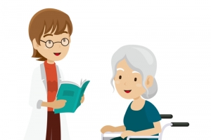 卡通矢量轮椅老人听取医生报告高清透明PNG免扣设计素材免费下载