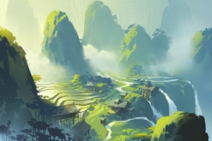 小溪山谷风景绘画3440x1440带鱼屏壁纸
