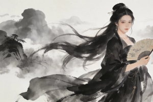 黑色古风服美女 扇子 水墨风 4k壁纸