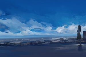 女子高中生 学生制服 天空 云 3440x1440动漫壁纸