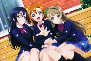 《LoveLive! School idol project》三个微笑的女孩,花瓣,樱花,4K壁纸