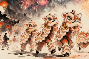 2026新年 舞狮 烟花 灯笼 3440x1440带鱼屏壁纸